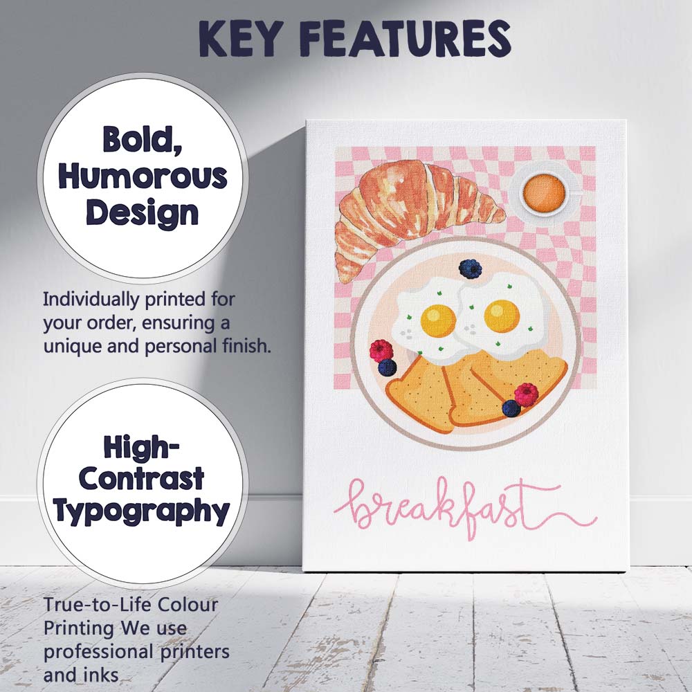 Classic Fried Eggs Toast Croissant Breakfast Illustration Canvas Wall Art Print Decor Picture Ready to Hang
