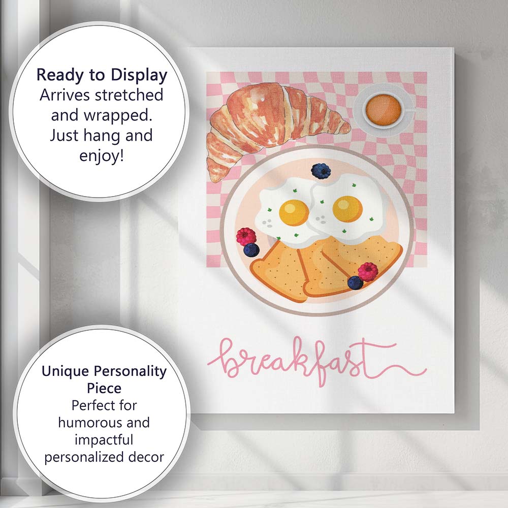 Classic Fried Eggs Toast Croissant Breakfast Illustration Canvas Wall Art Print Decor Picture Ready to Hang