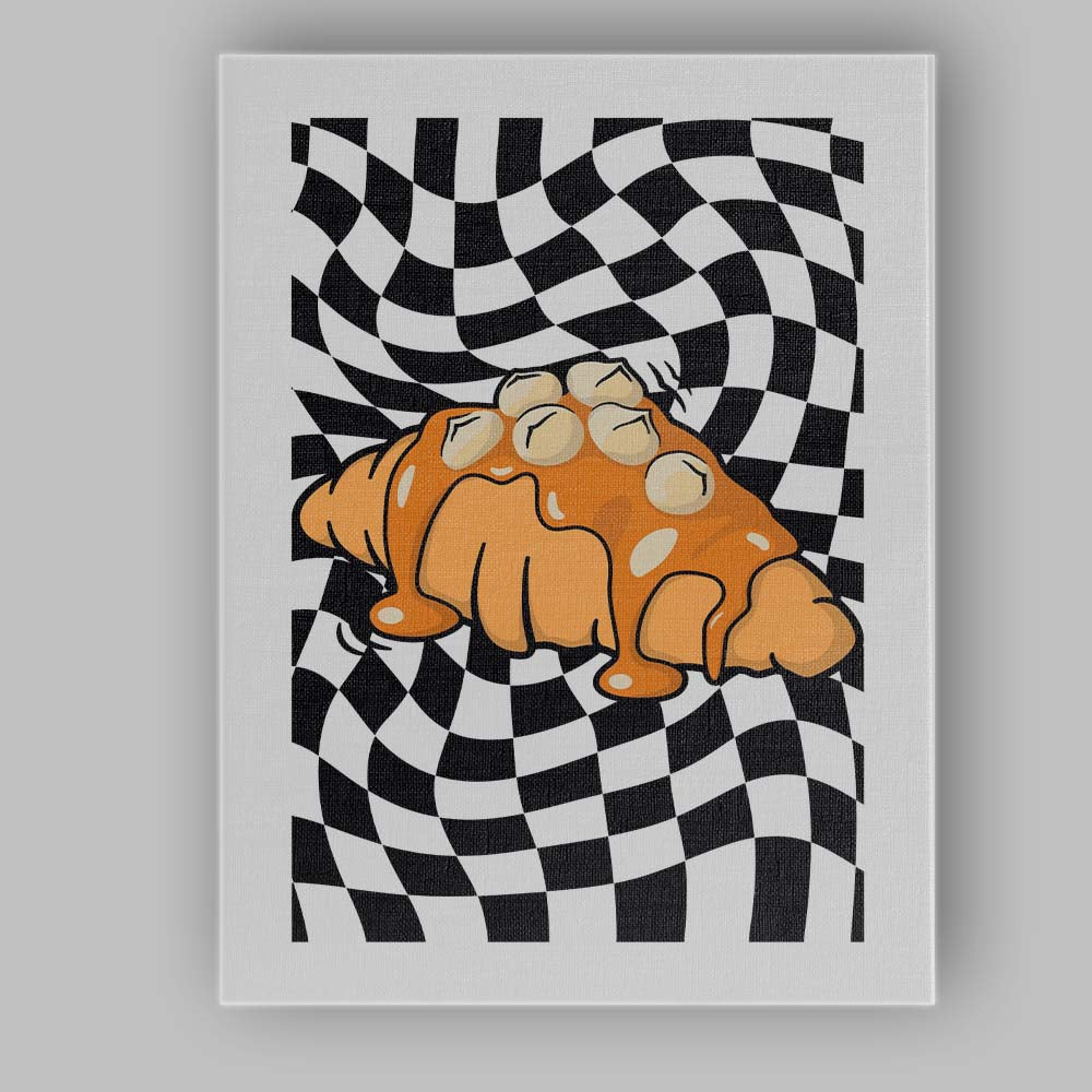 Sweet Glazed Croissant Black White Checkerboard Bakery Illustration Canvas Wall Art Print Decor Picture Ready to Hang