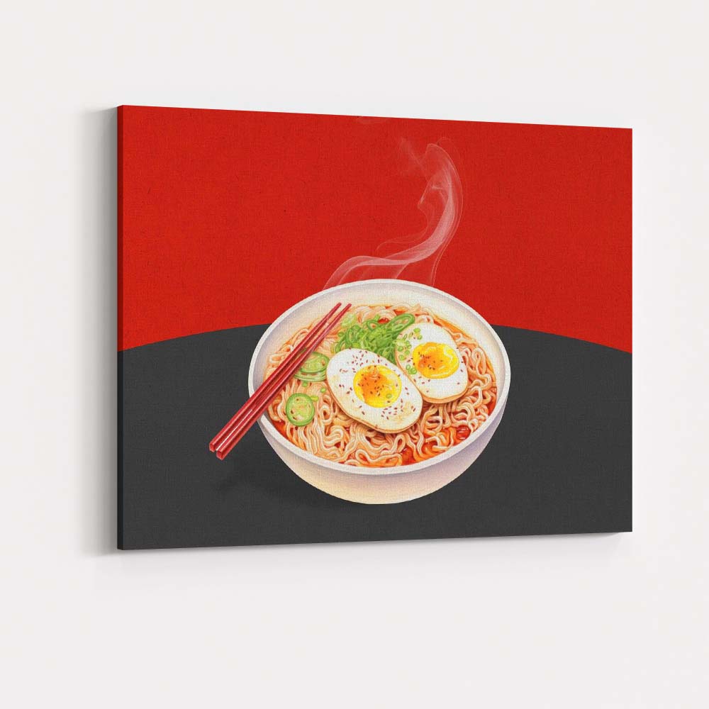 Spicy Ramen Noodle Bowl with Soft Boiled Eggs Illustration Canvas Wall Art Print Decor Picture Ready to Hang