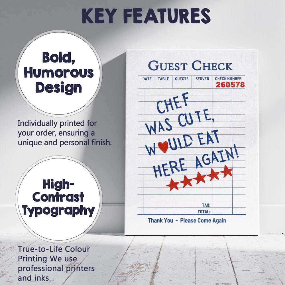 Chef Was Cute Would Eat Here Again Guest Check Typography Canvas Wall Art Print Decor Picture Ready to Hang