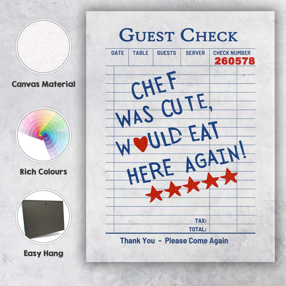 Chef Was Cute Would Eat Here Again Guest Check Typography Canvas Wall Art Print Decor Picture Ready to Hang