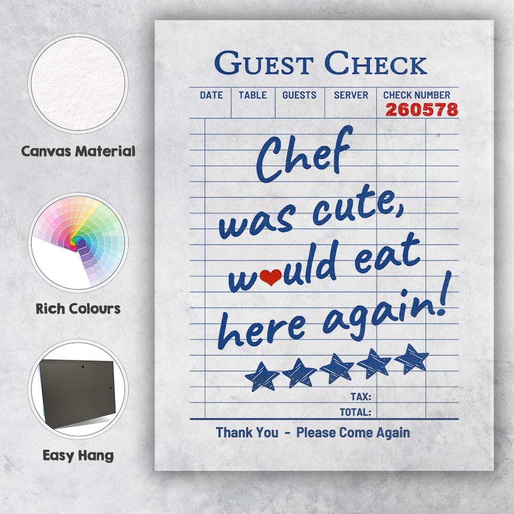 Chef Was Cute Would Eat Here Again Retro Restaurant Receipt Typography Canvas Wall Art Print Decor Picture Ready to Hang