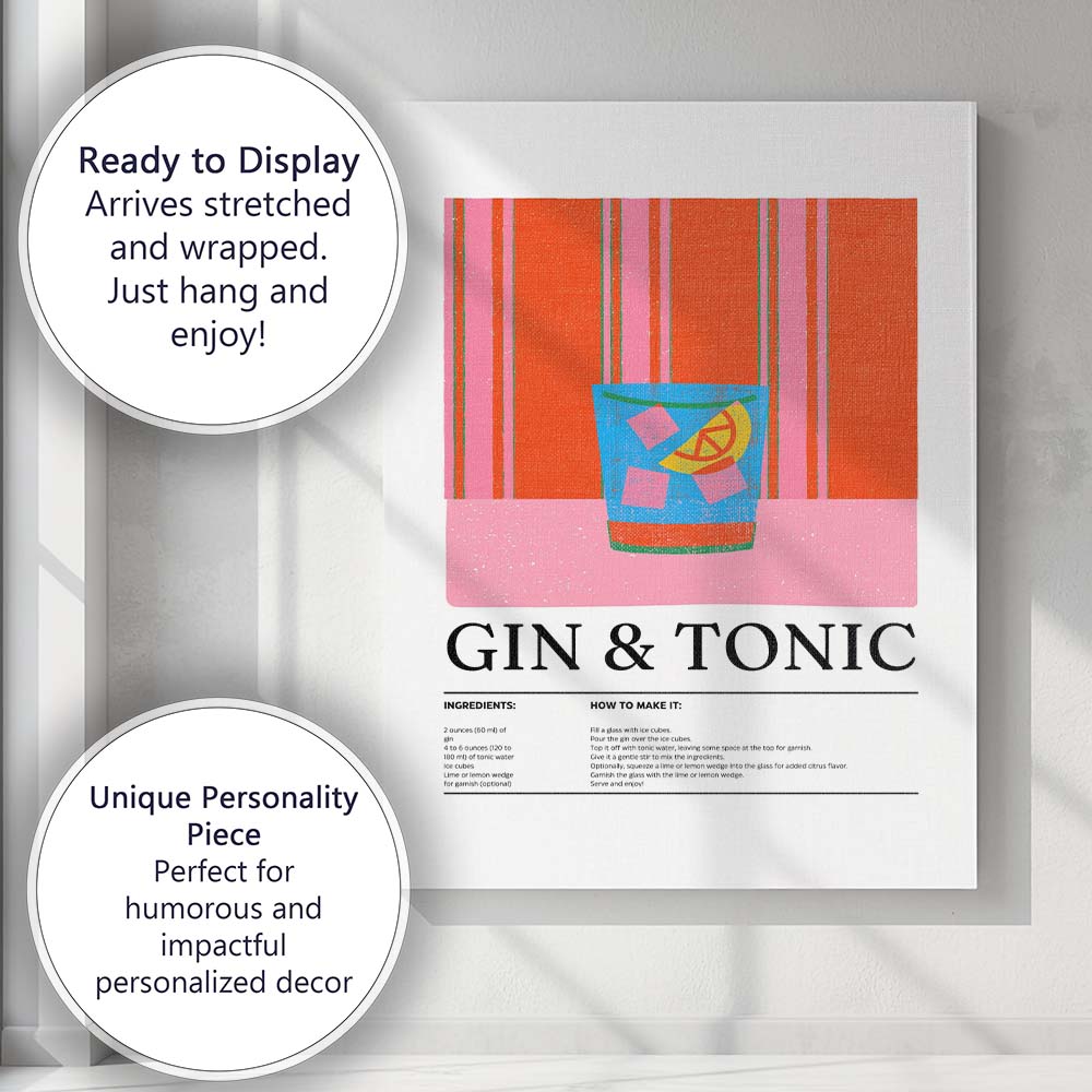 Retro Gin and Tonic Cocktail Recipe Illustration Canvas Wall Art Print Decor Picture Ready to Hang