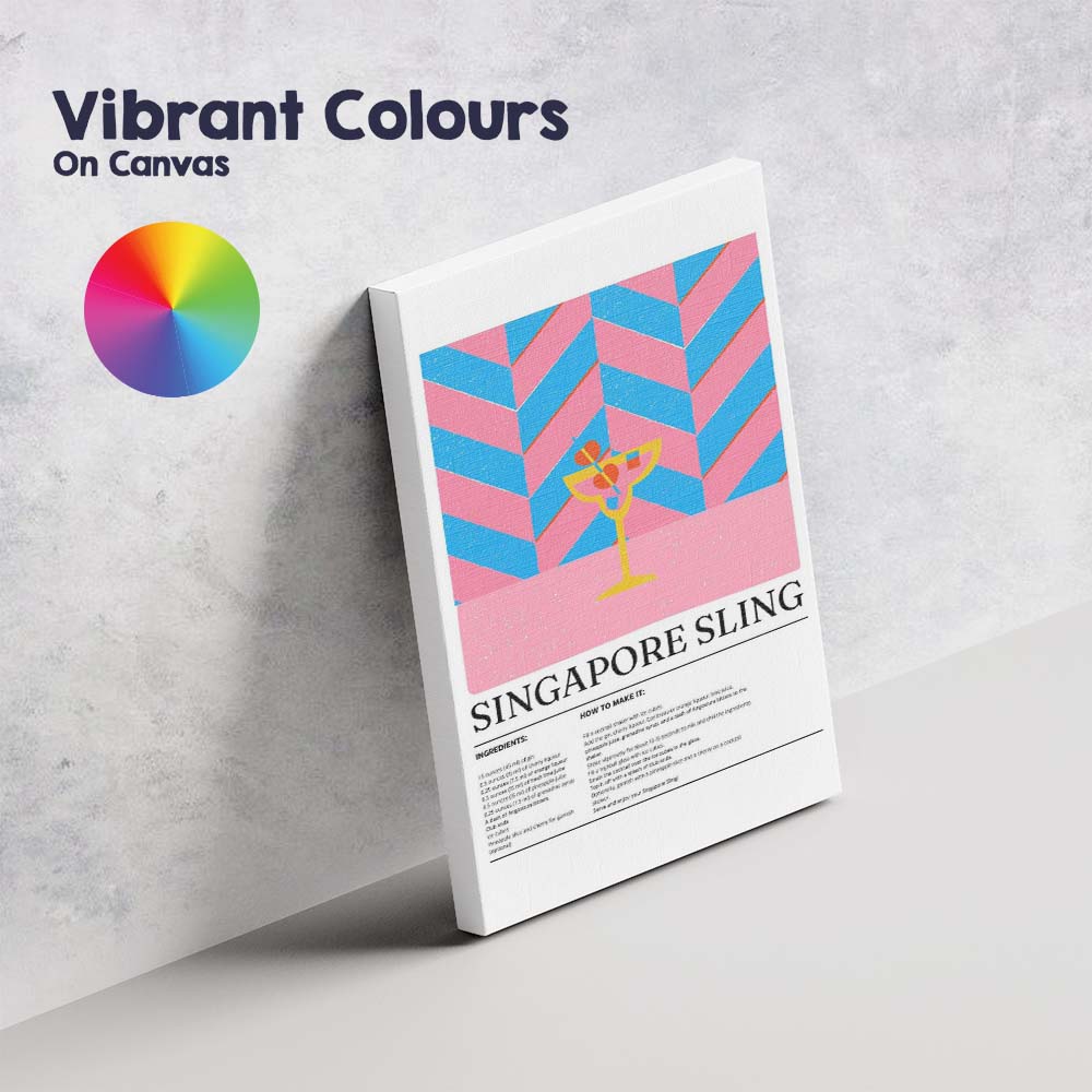 Retro Singapore Sling Cocktail Recipe Illustration Canvas Wall Art Print Decor Picture Ready to Hang