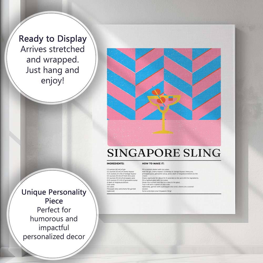 Retro Singapore Sling Cocktail Recipe Illustration Canvas Wall Art Print Decor Picture Ready to Hang