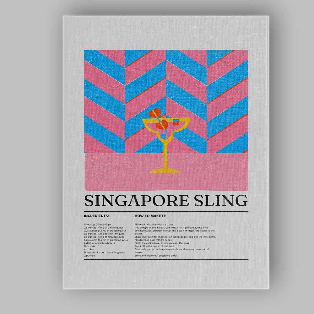 Retro Singapore Sling Cocktail Recipe Illustration Canvas Wall Art Print Decor Picture Ready to Hang