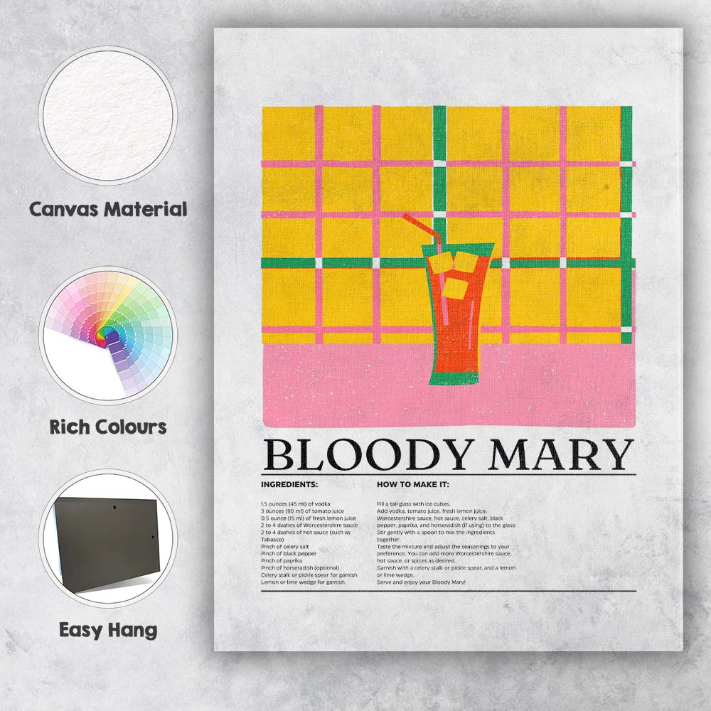 Retro Bloody Mary Cocktail Recipe Illustration Canvas Wall Art Print Decor Picture Ready to Hang
