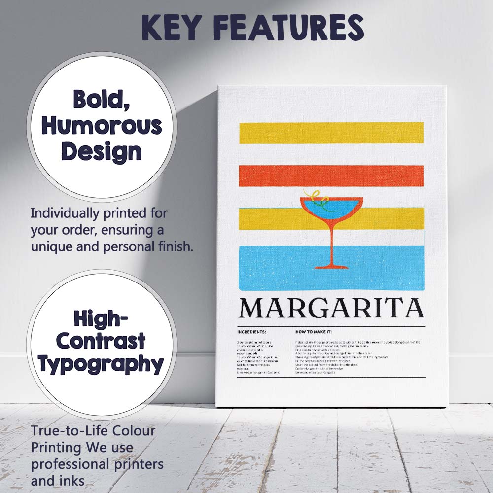 Retro Margarita Cocktail Recipe Illustration Canvas Wall Art Print Decor Picture Ready to Hang