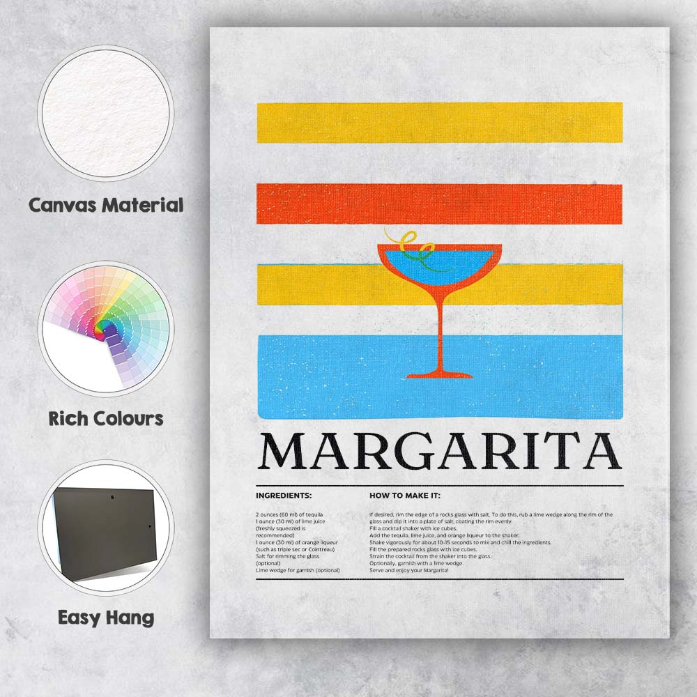 Retro Margarita Cocktail Recipe Illustration Canvas Wall Art Print Decor Picture Ready to Hang