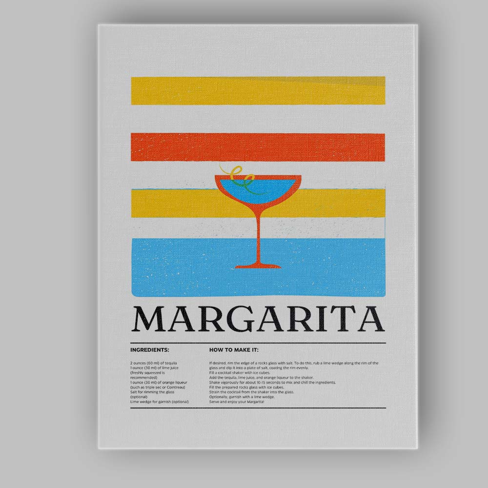 Retro Margarita Cocktail Recipe Illustration Canvas Wall Art Print Decor Picture Ready to Hang