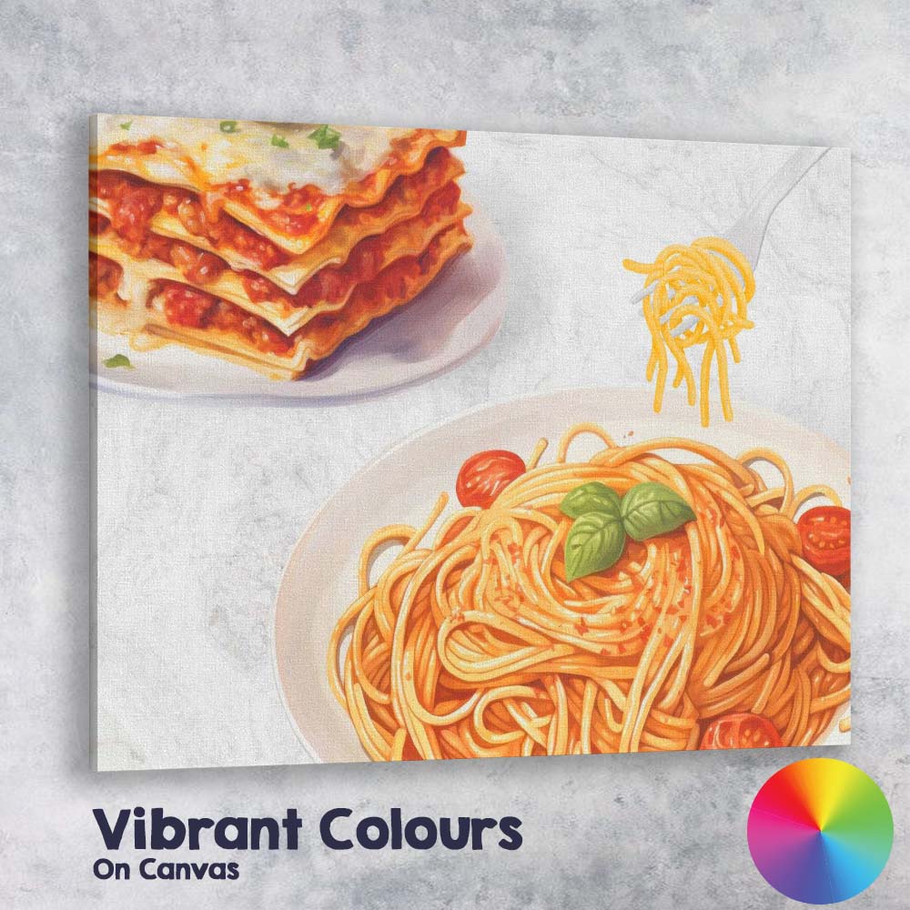 Watercolour Italian Lasagna and Spaghetti Pasta Kitchen Food Illustration Canvas Wall Art Print Decor Picture Ready to Hang