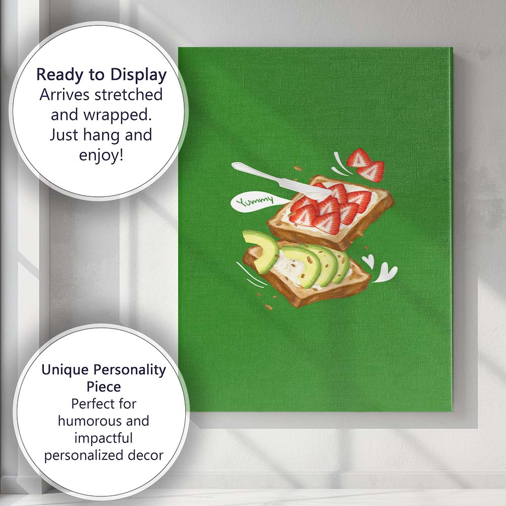 Cute Strawberry Toast and Avocado Breakfast Illustration Canvas Wall Art Print Decor Picture Ready to Hang