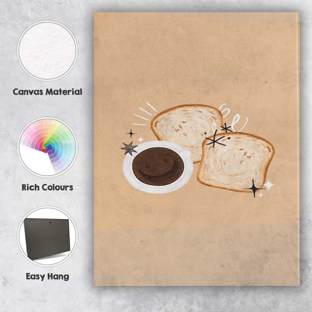 Cute Smiling Coffee Cup and Toast Breakfast Illustration Canvas Wall Art Print Decor Picture Ready to Hang