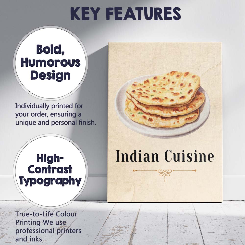 Traditional Indian Naan Flatbread Watercolour Food Illustration Canvas Wall Art Print Decor Picture Ready to Hang