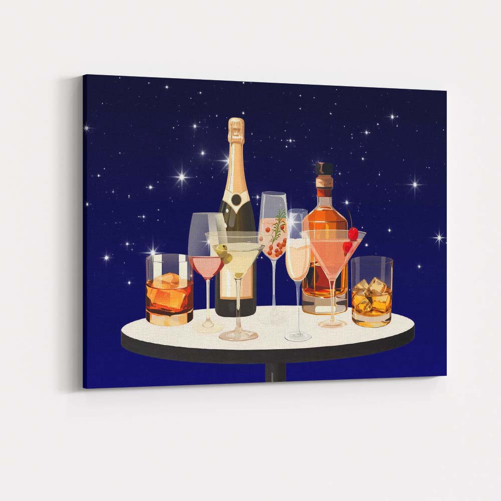 Luxury Cocktail and Champagne Drinks Night Bar Illustration Canvas Wall Art Print Decor Picture Ready to Hang