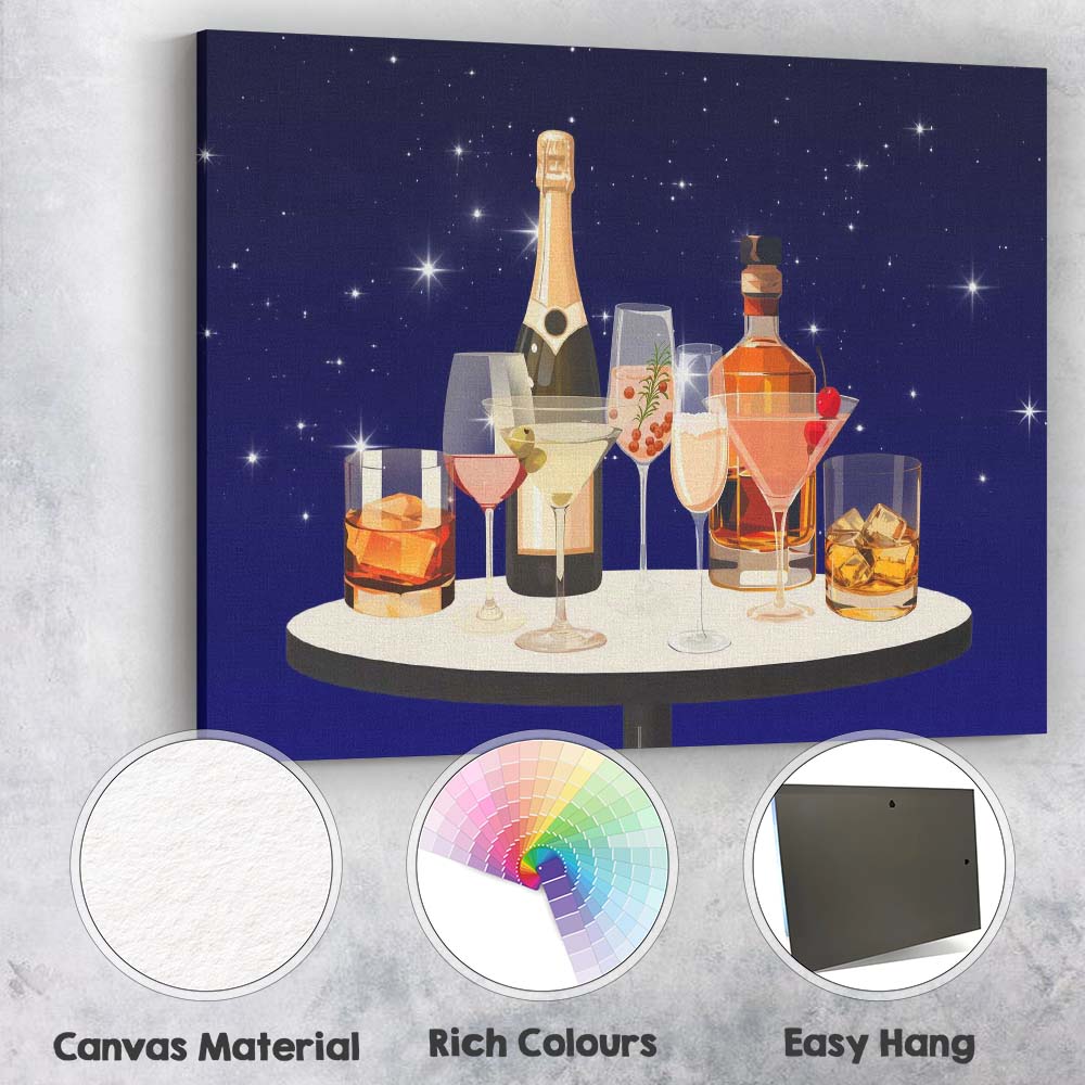 Luxury Cocktail and Champagne Drinks Night Bar Illustration Canvas Wall Art Print Decor Picture Ready to Hang