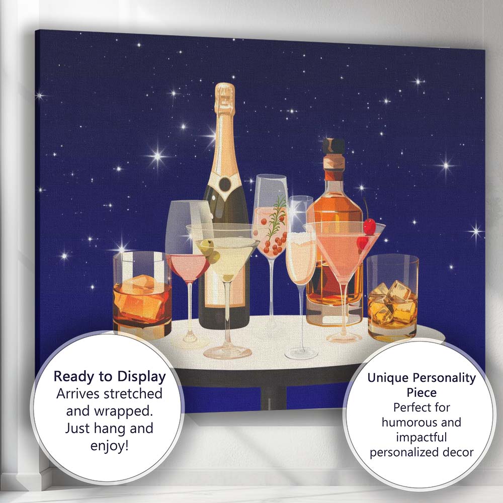 Luxury Cocktail and Champagne Drinks Night Bar Illustration Canvas Wall Art Print Decor Picture Ready to Hang