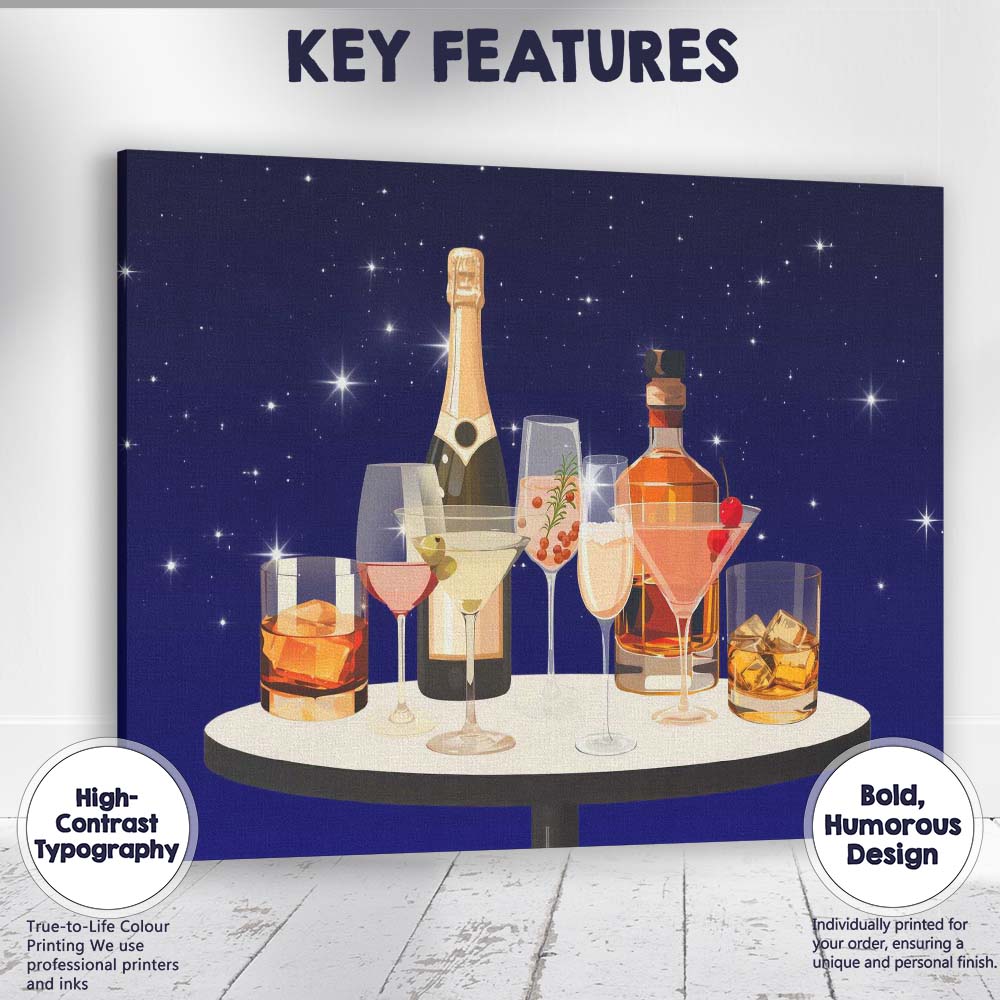 Luxury Cocktail and Champagne Drinks Night Bar Illustration Canvas Wall Art Print Decor Picture Ready to Hang