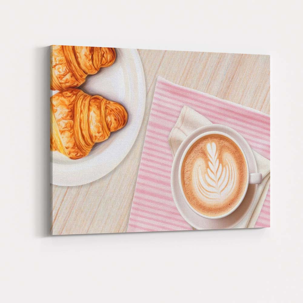 Fresh Croissants and Latte Coffee Breakfast Flat Lay Canvas Wall Art Print Decor Picture Ready to Hang