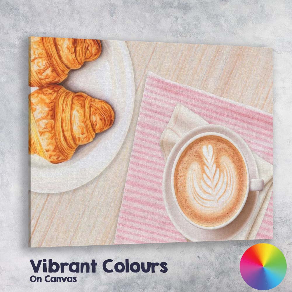 Fresh Croissants and Latte Coffee Breakfast Flat Lay Canvas Wall Art Print Decor Picture Ready to Hang