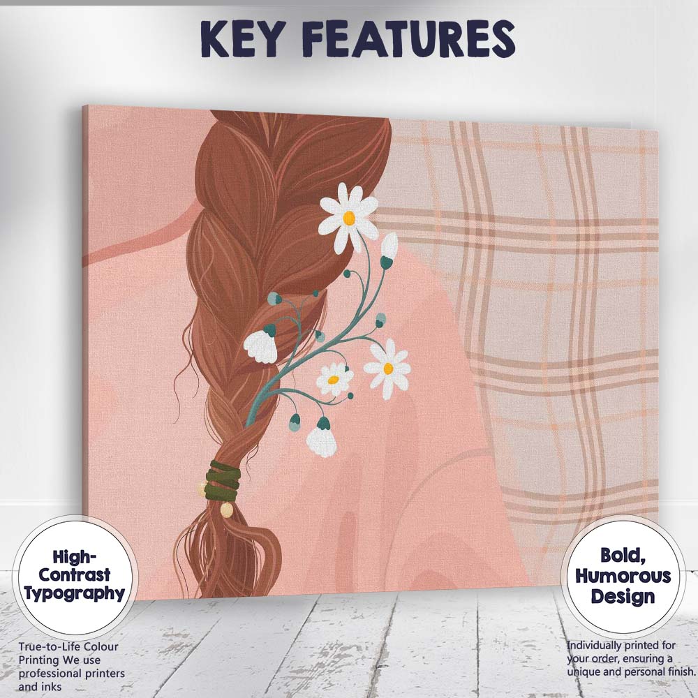 Boho Floral Hair Braid Daisy Botanical Portrait Illustration Canvas Wall Art Print Decor Picture Ready to Hang