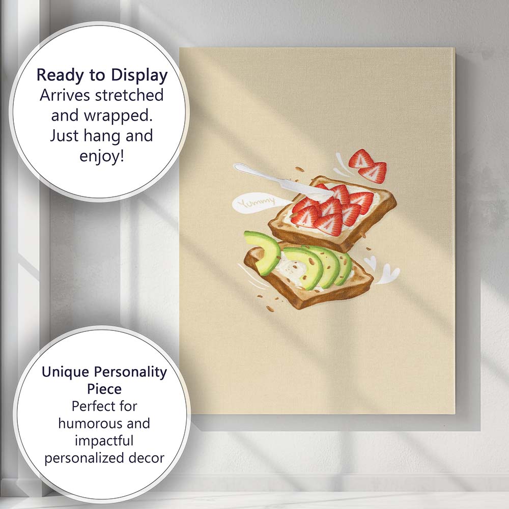 Strawberry and Avocado Toast Watercolour Breakfast Illustration Canvas Wall Art Print Decor Picture Ready to Hang