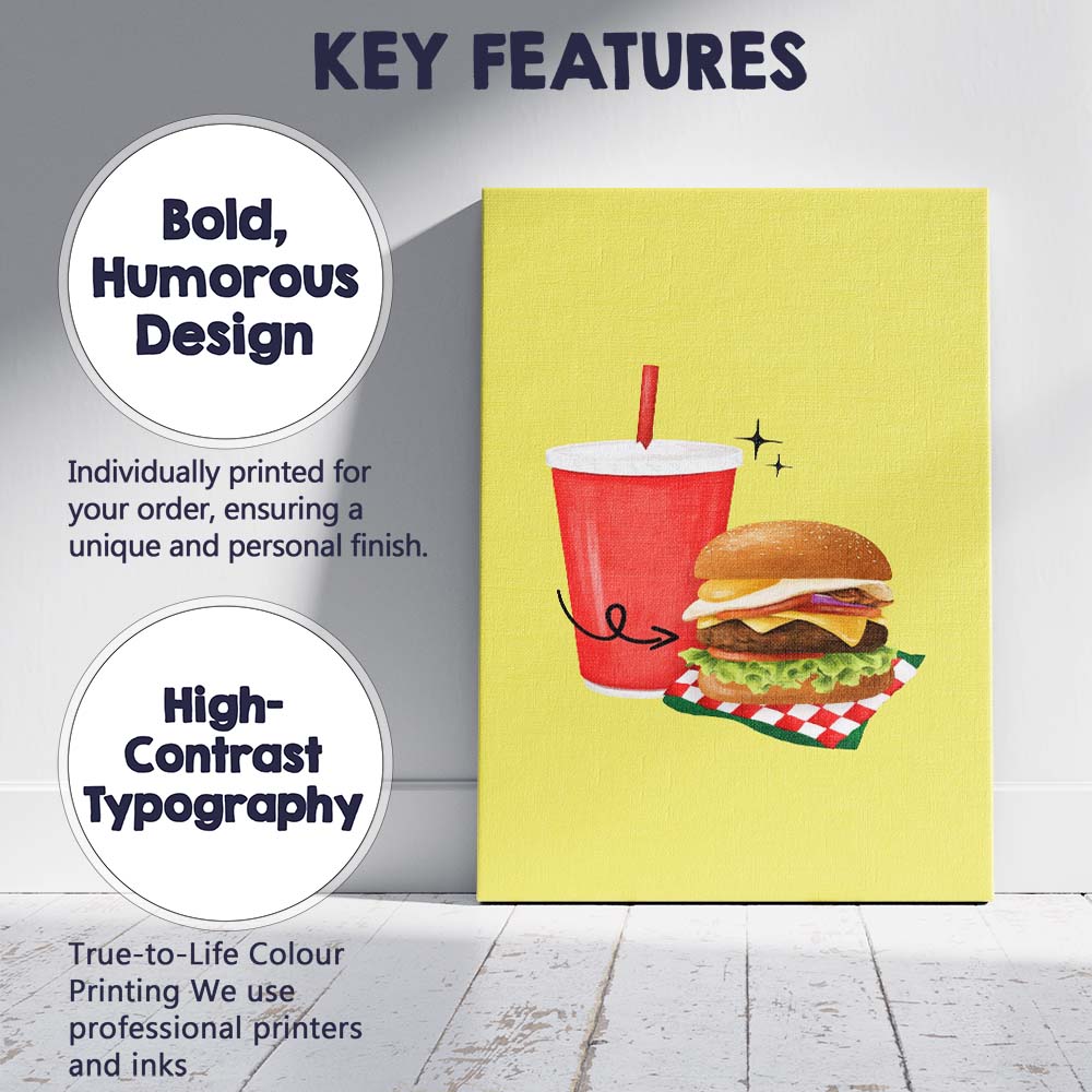 Cheeseburger and Soft Drink Fast Food Illustration Canvas Wall Art Print Decor Picture Ready to Hang