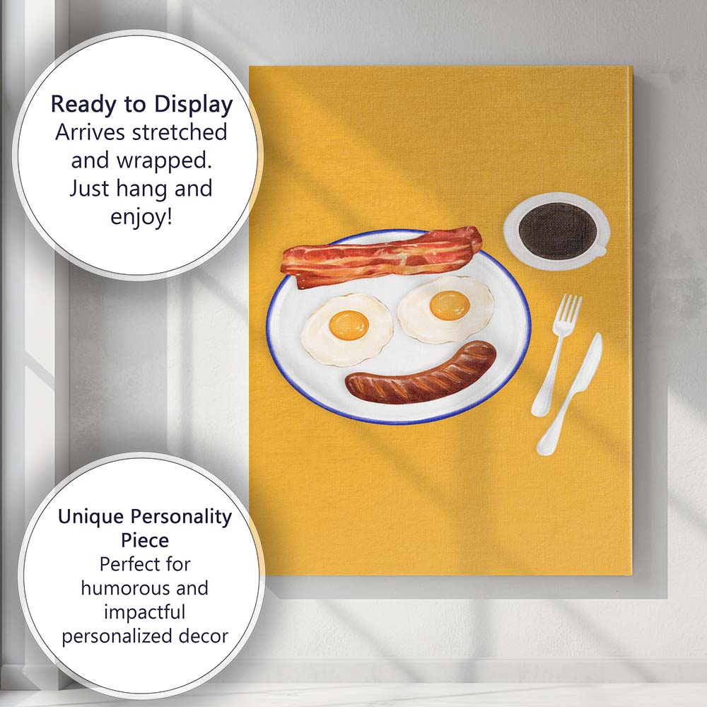 Smiley Breakfast Eggs Bacon Sausage and Coffee Illustration Canvas Wall Art Print Decor Picture Ready to Hang