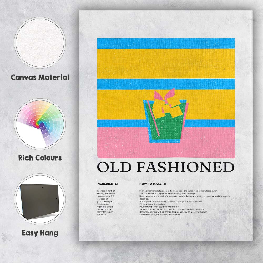 Modern Old Fashioned Cocktail Recipe Kitchen Poster Canvas Wall Art Print Decor Picture Ready to Hang
