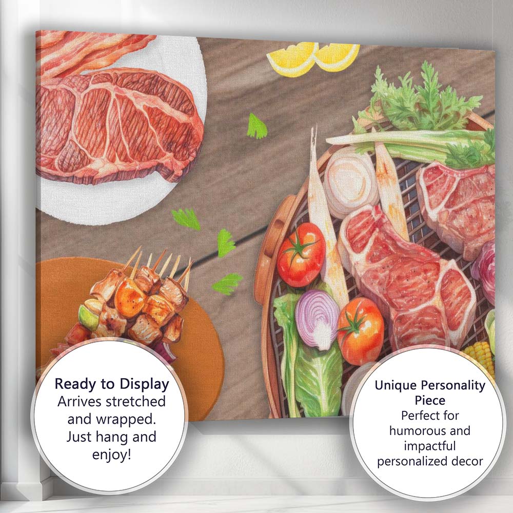Watercolour BBQ Steak and Grilled Meat Feast Food Illustration Canvas Wall Art Print Decor Picture Ready to Hang