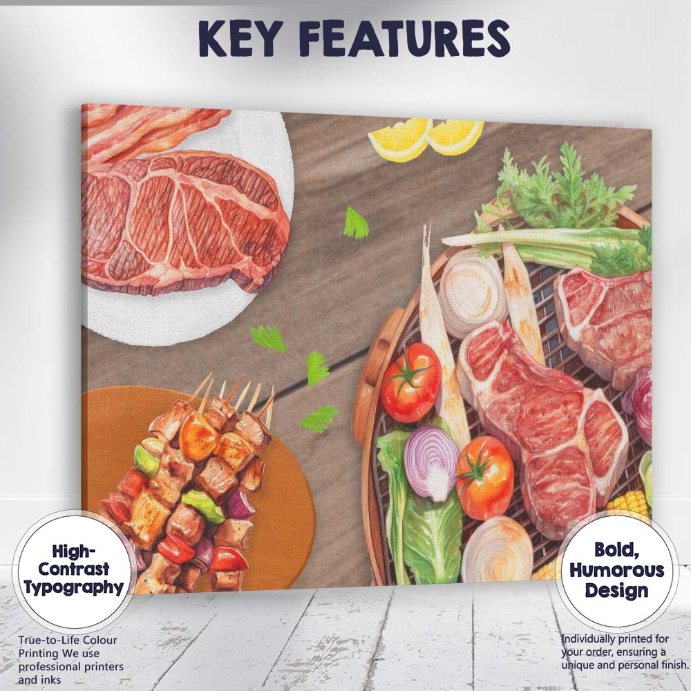 Watercolour BBQ Steak and Grilled Meat Feast Food Illustration Canvas Wall Art Print Decor Picture Ready to Hang