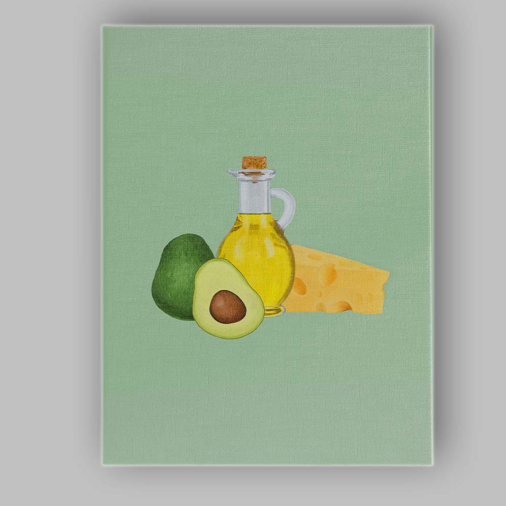 Avocado Olive Oil and Swiss Cheese Healthy Food Illustration Canvas Wall Art Print Decor Picture Ready to Hang