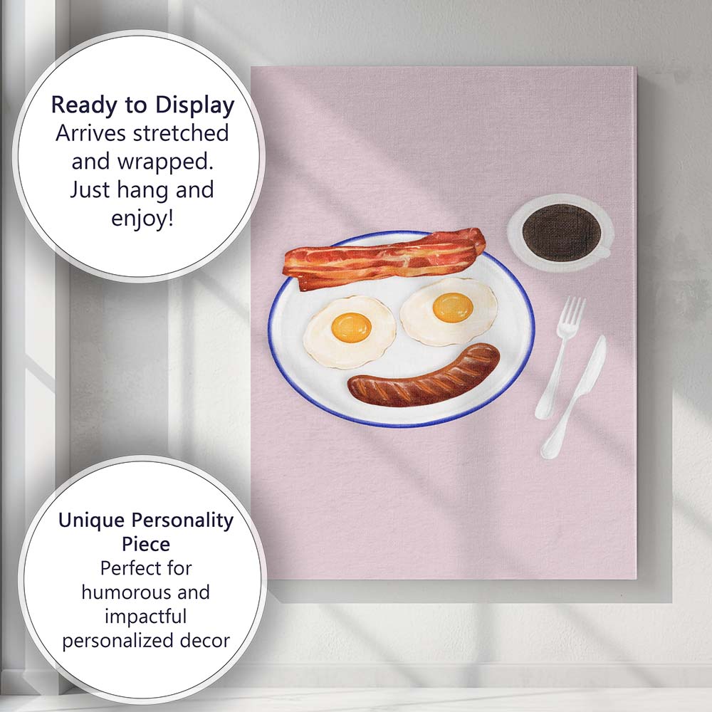 Watercolour Smiley Face Bacon Eggs Sausage Breakfast Illustration Canvas Wall Art Print Decor Picture Ready to Hang