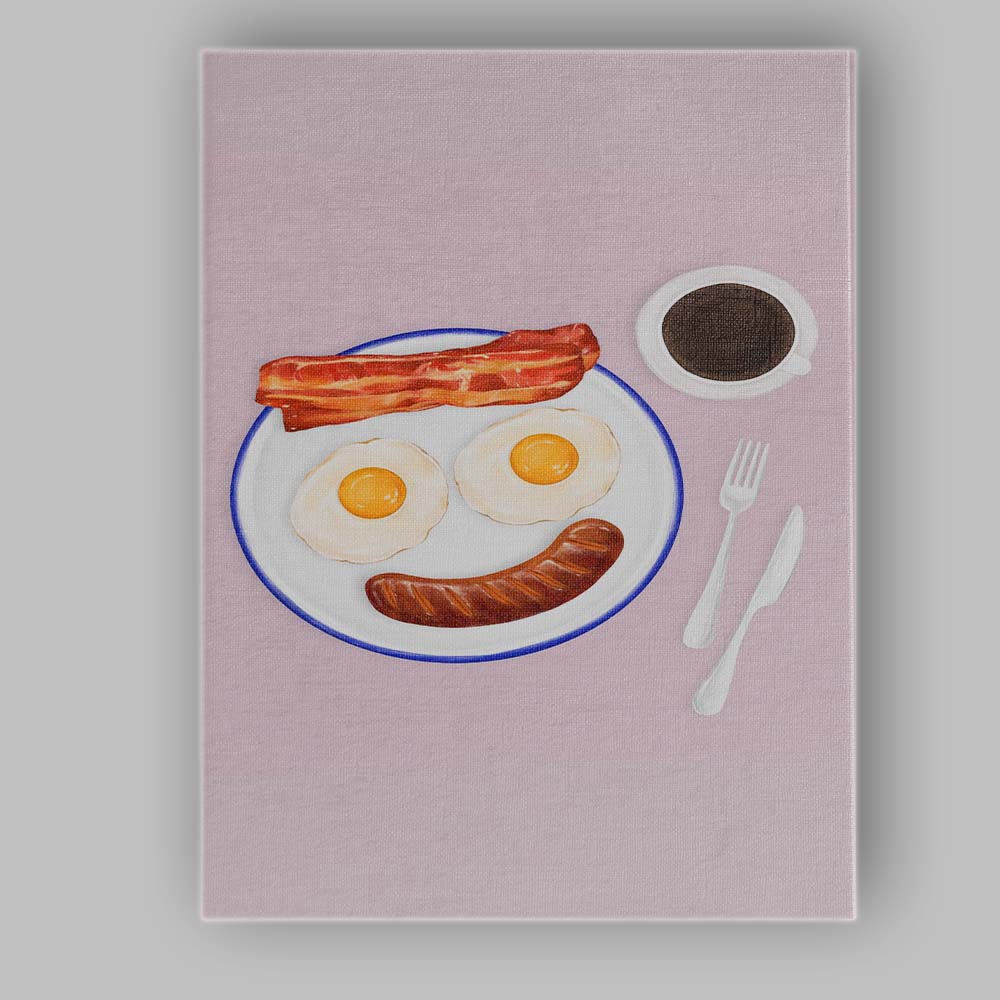 Watercolour Smiley Face Bacon Eggs Sausage Breakfast Illustration Canvas Wall Art Print Decor Picture Ready to Hang
