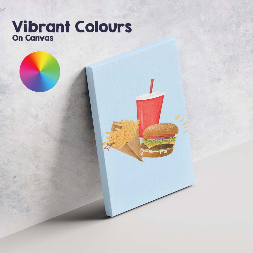 Fast Food Burger Fries and Soft Drink Illustration Canvas Wall Art Print Decor Picture Ready to Hang