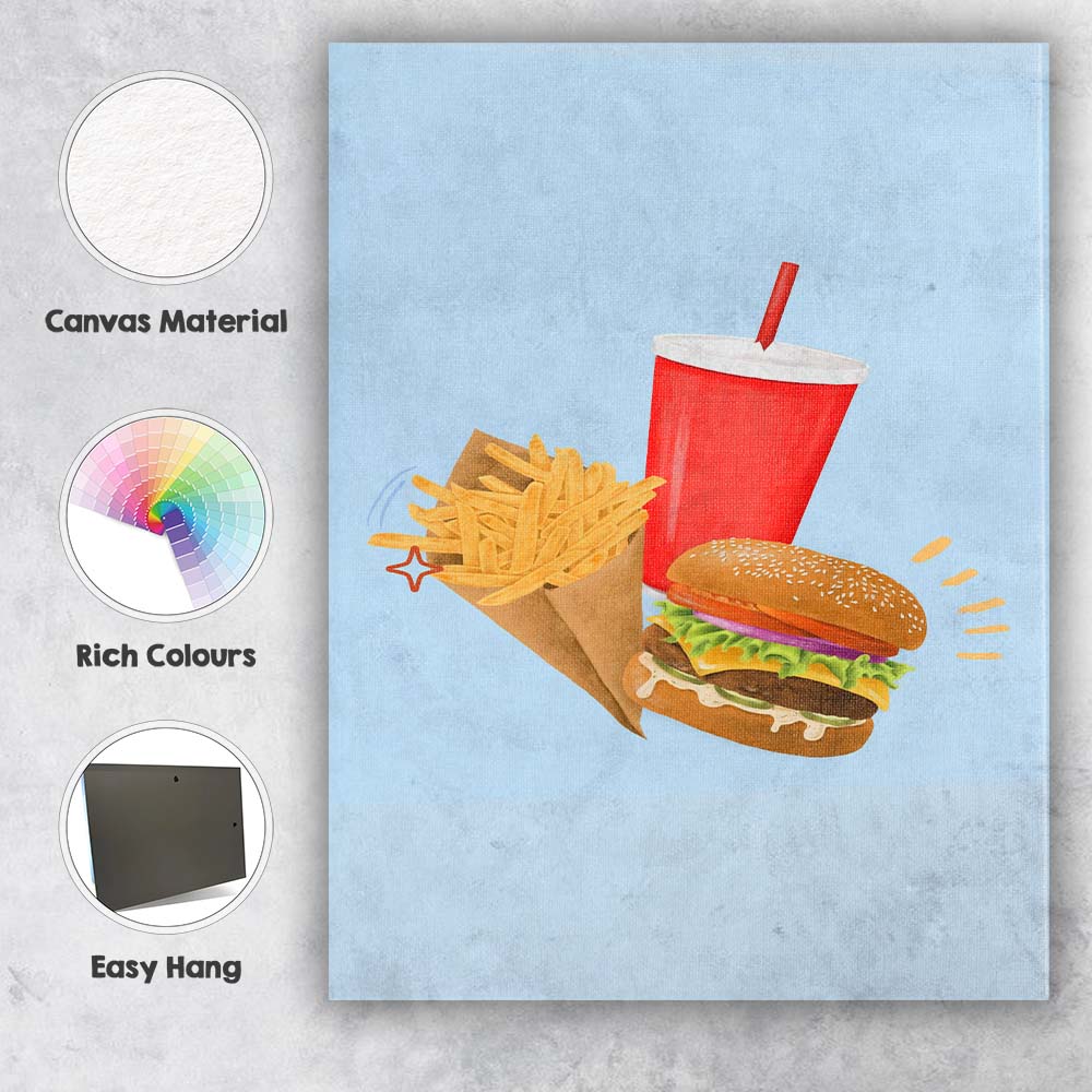 Fast Food Burger Fries and Soft Drink Illustration Canvas Wall Art Print Decor Picture Ready to Hang