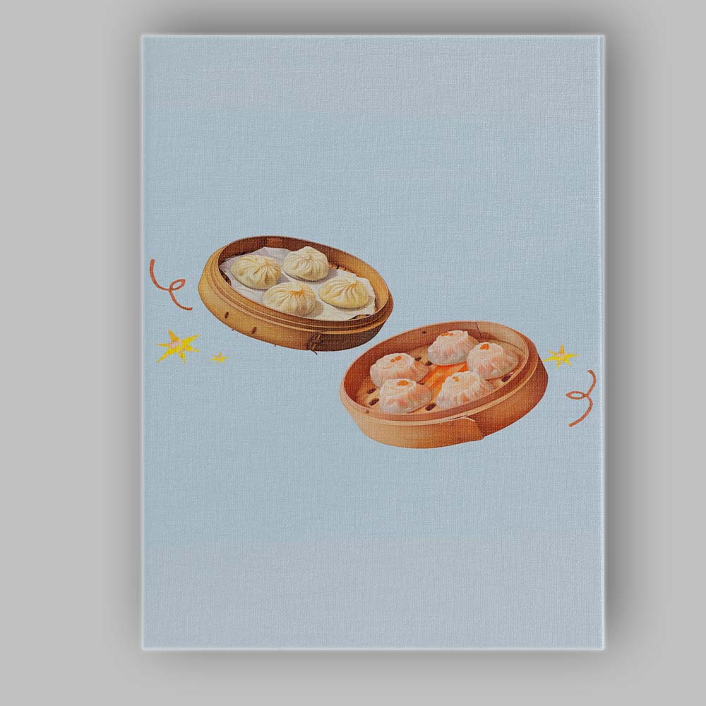 Steamed Dim Sum Dumplings Bamboo Basket Illustration Canvas Wall Art Print Decor Picture Ready to Hang