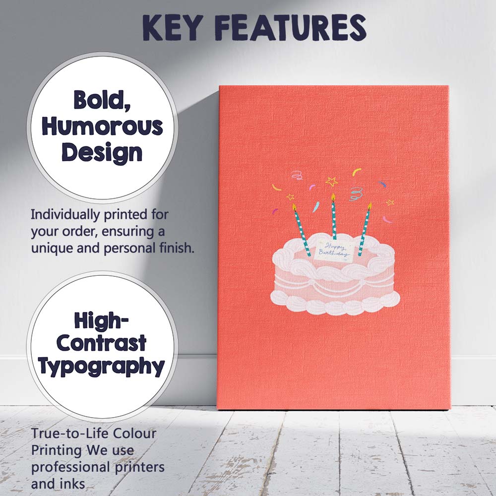Cute Happy Birthday Celebration Cake Illustration Canvas Wall Art Print Decor Picture Ready to Hang