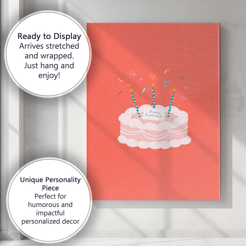 Cute Happy Birthday Celebration Cake Illustration Canvas Wall Art Print Decor Picture Ready to Hang