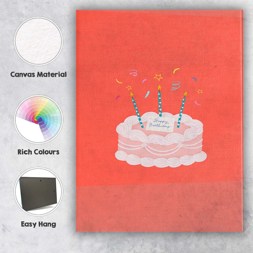 Cute Happy Birthday Celebration Cake Illustration Canvas Wall Art Print Decor Picture Ready to Hang
