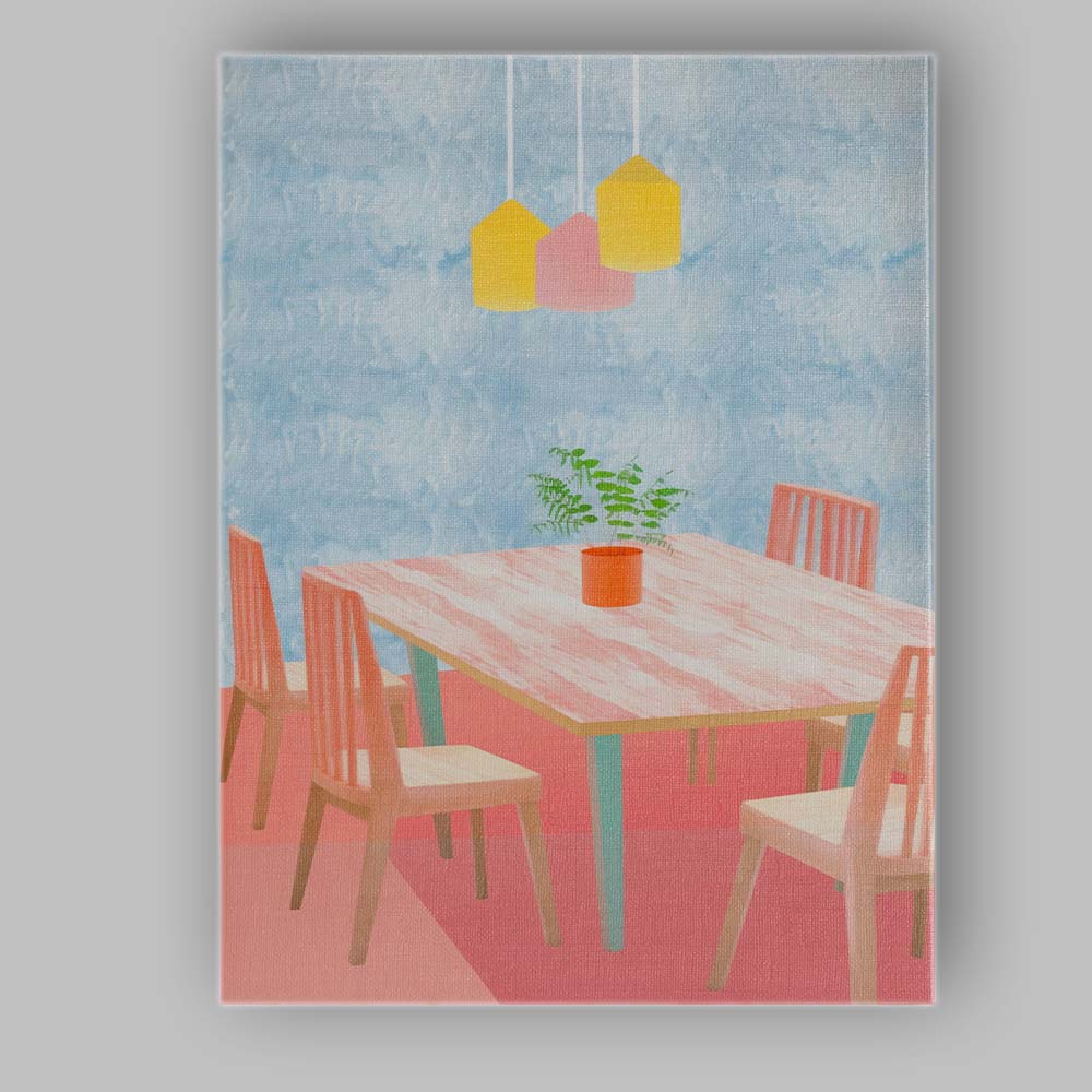 Pastel Scandinavian Dining Room Interior Illustration Canvas Wall Art Print Decor Picture Ready to Hang