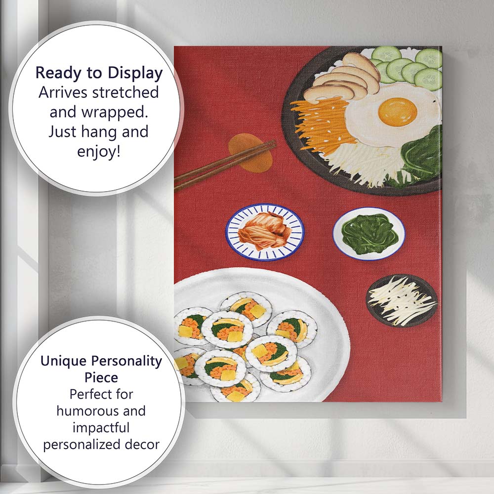 Korean Bibimbap Bowl and Vegetable Sushi Illustration Canvas Wall Art Print Decor Picture Ready to Hang