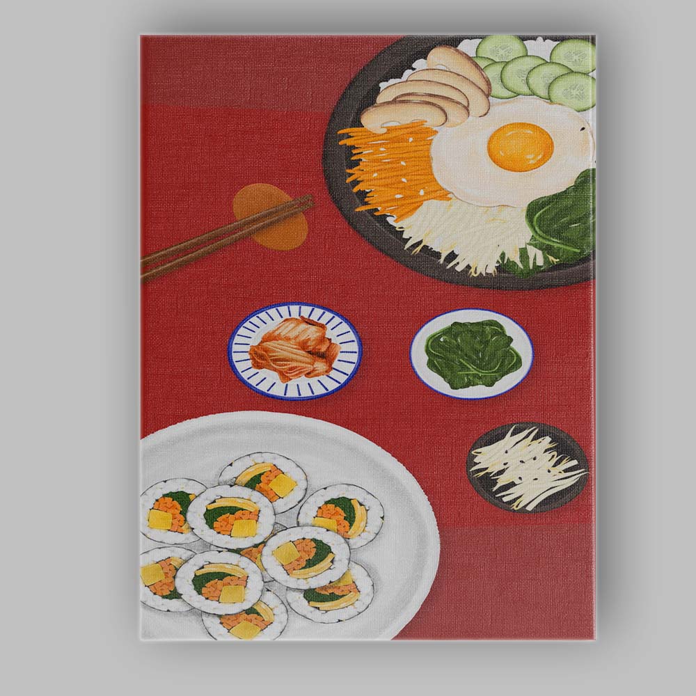 Korean Bibimbap Bowl and Vegetable Sushi Illustration Canvas Wall Art Print Decor Picture Ready to Hang