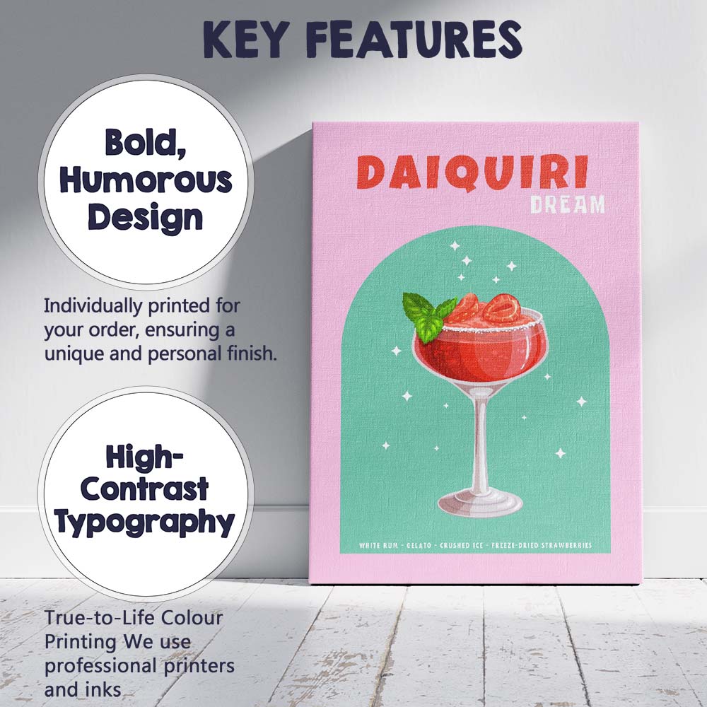 Strawberry Daiquiri Dream Cocktail Bar Drink Illustration Canvas Wall Art Print Decor Picture Ready to Hang