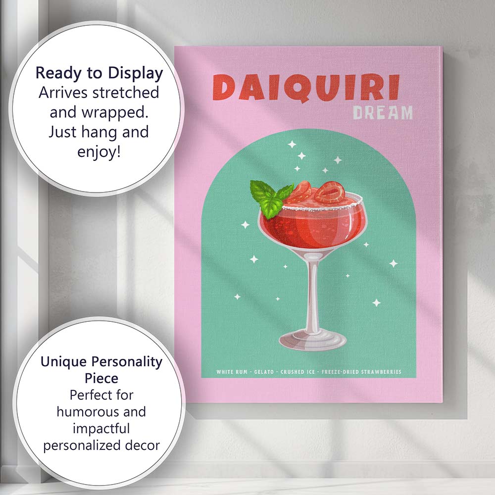 Strawberry Daiquiri Dream Cocktail Bar Drink Illustration Canvas Wall Art Print Decor Picture Ready to Hang