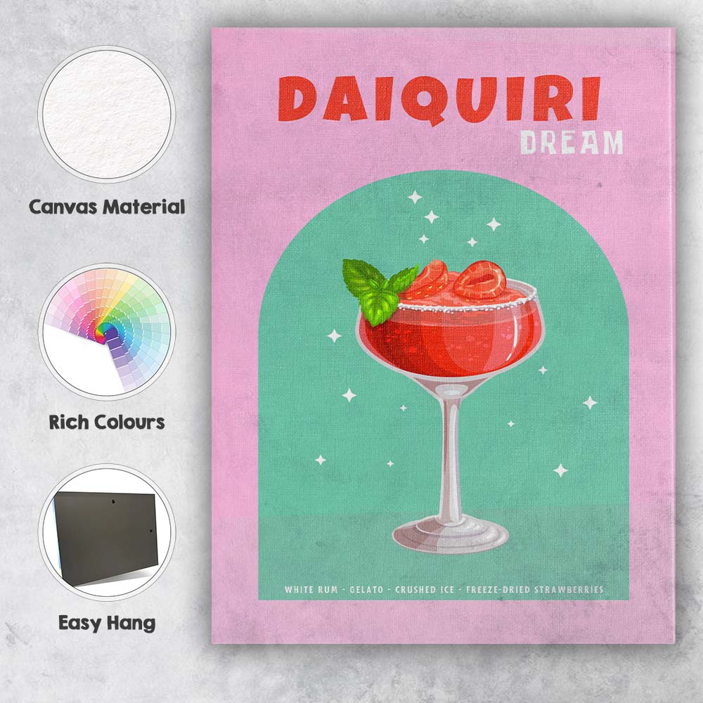 Strawberry Daiquiri Dream Cocktail Bar Drink Illustration Canvas Wall Art Print Decor Picture Ready to Hang
