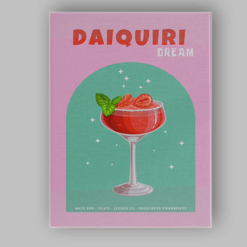 Strawberry Daiquiri Dream Cocktail Bar Drink Illustration Canvas Wall Art Print Decor Picture Ready to Hang