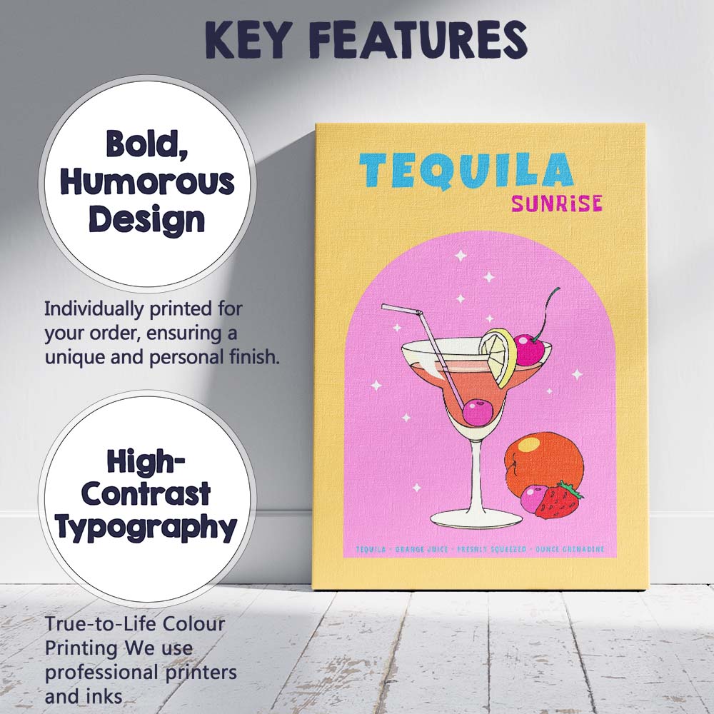 Tequila Sunrise Citrus Cocktail Bar Drink Illustration Canvas Wall Art Print Decor Picture Ready to Hang