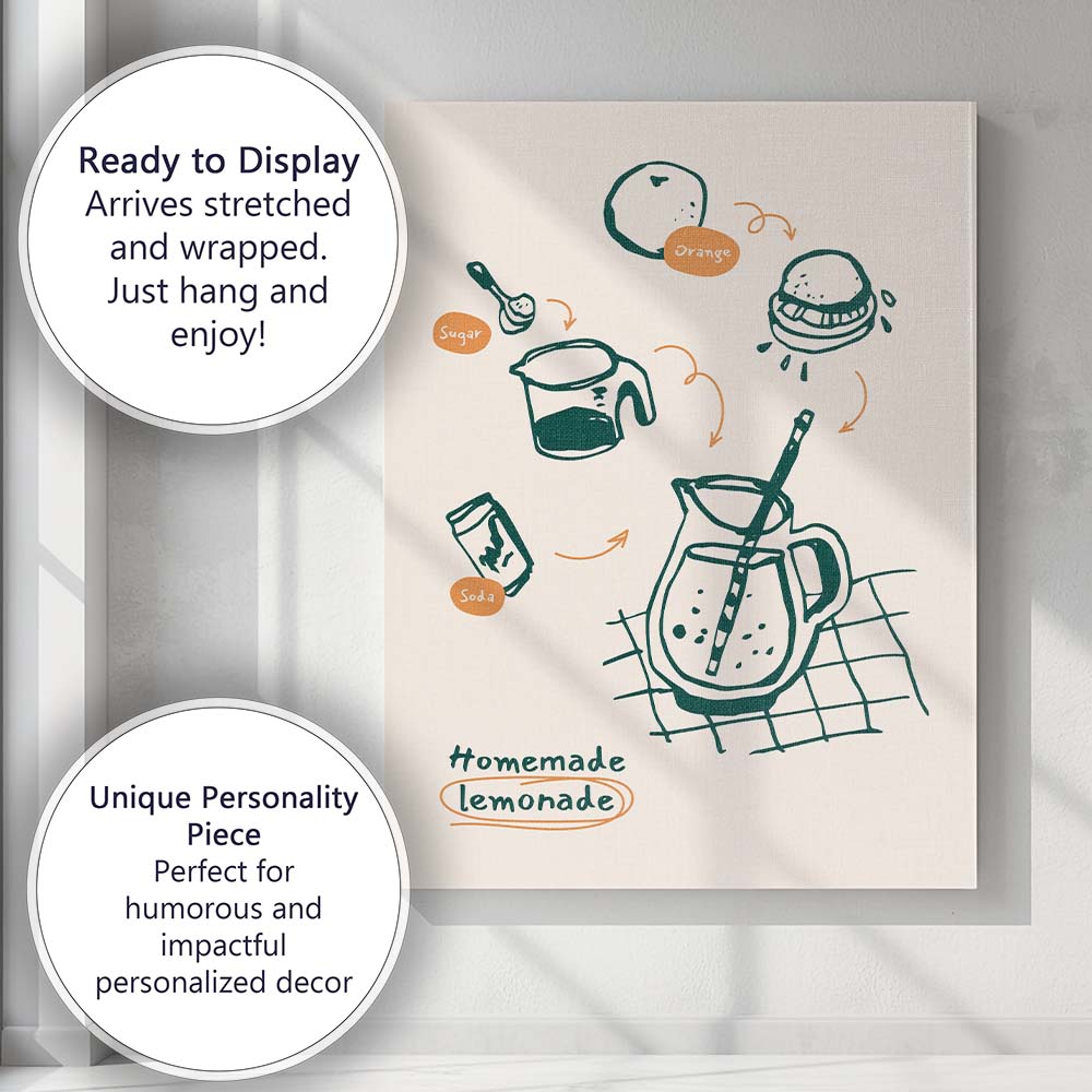 Minimalist Homemade Lemonade Recipe Kitchen Line Art Illustration Canvas Wall Art Print Decor Picture Ready to Hang